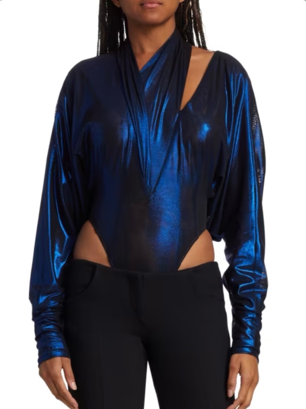 LaQuan Smith Iridescent Shimmer Navy Blue Draped Cutout Bodysuit Women's Top
